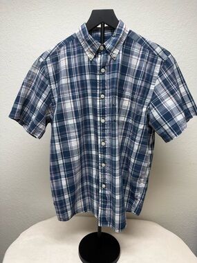 Abercrombie & Fitch Navy and White Plaid Short-Sleeve Button-Down